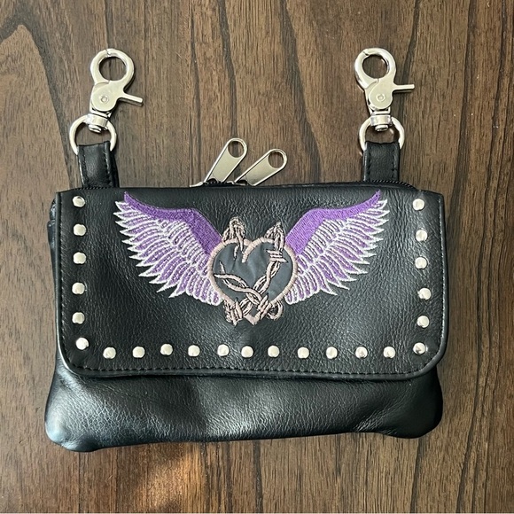 EUC Leather Belt Bag with Black Heart & Purple Wings - Picture 2 of 6